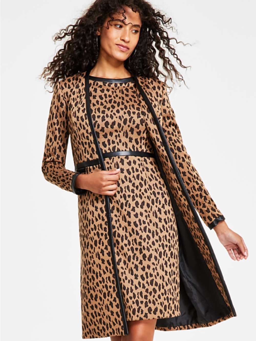 Kasper Leopard-Print Long Coat with Black Trim